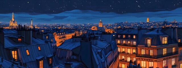 Flat illustration of the rooftops in Paris at night