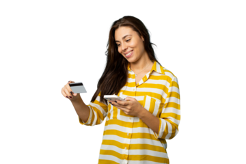 Latina using smartphone and credit card for online shopping