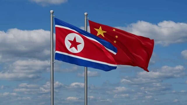 China and North Korea flags flying together, video concept of the relationship, two country relations concept