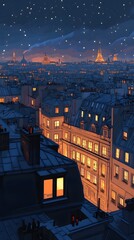 Flat illustration of the rooftops in Paris at night