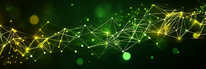 Green and Yellow Abstract Geometric Network Connection Lines and Dots on Black Background