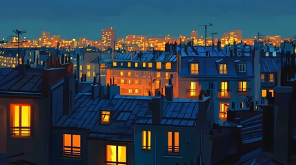 Flat illustration of the rooftops in Paris at night
