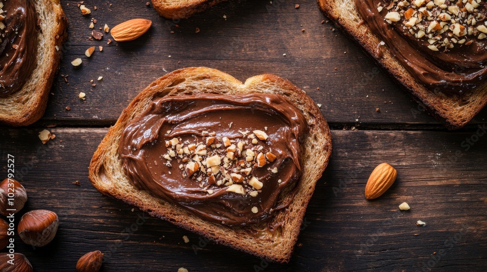 Poster heart-shaped toast with chocolate spread and nuts