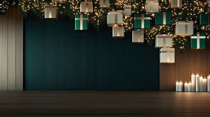 A beautiful Christmas-themed wall hanging showcases green and white gift boxes with pine branches above. Candles add warmth to the festive ambiance in a dark blue setting