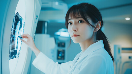 レントゲン機器を調整する日本人女性技師