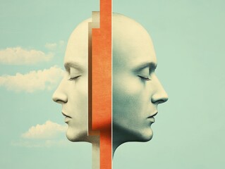 A surreal image shows a dual face sculpture with mirrored profiles against a soft, cloudy sky. the composition explores themes of duality, reflection, and abstraction, creating a thought-provoking