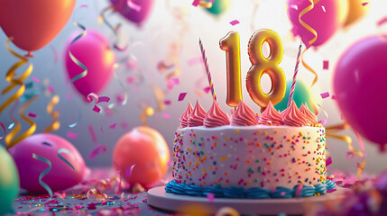 A cake for the 18th birthday with sparkles and pink cream, accompanied by a true birthday atmosphere.