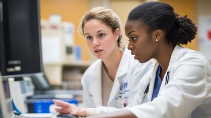 Doctors and nurses work together in hospitals, using labs and technology to help people get better.