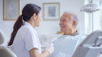 Obraz premium 歯科検診を行う日本人女性歯科医師と高齢男性