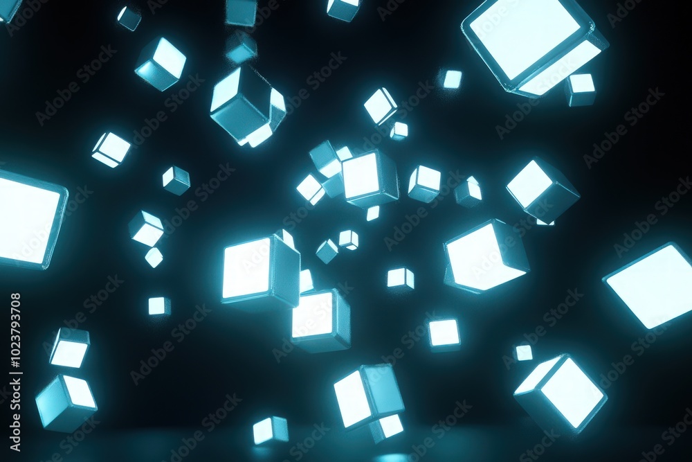 Poster abstract patterns glowing cubes floating in a dark 3d space