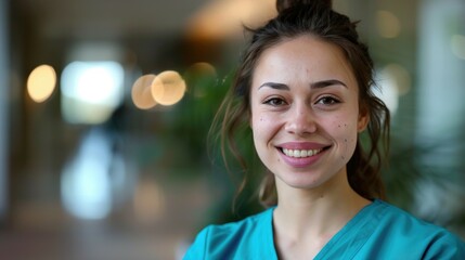Fototapeta premium A cheerful female healthcare worker in scrubs smiling confidently while standing in a hospital corridor. International Nurses Day