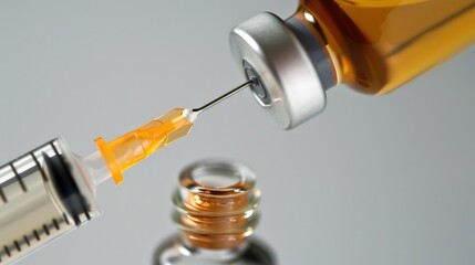 A detailed close-up of a syringe needle inserted into a vial, ready to draw liquid. Represents vaccination, medical treatment, and healthcare procedures, cosmetic procedures