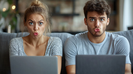A couple sits side by side on a couch, pouting and making silly expressions while focused on their laptops in a cozy living room setting