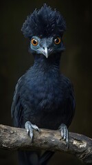 Obraz premium Northern Helmeted Curassow Perched on a Branch on a Black Background, Realistic Photo, Standard Background, Wallpaper, Cover and Screen for Smartphone, PC, Laptop, 9:16 and 16:9 Format