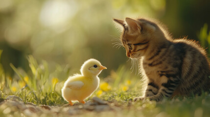 Tabby kitten and baby chick in a sunny meadow. Adorable animal interaction for blog or advertising illustration.