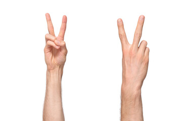 Two sides of male hands showing a V-sign by sticking up first two fingers in a V shape, as a sign of victory, isolated on transparent background, png file