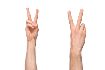 Two sides of male hands showing a V-sign by sticking up first two fingers in a V shape, as a sign of victory, isolated on transparent background, png file
