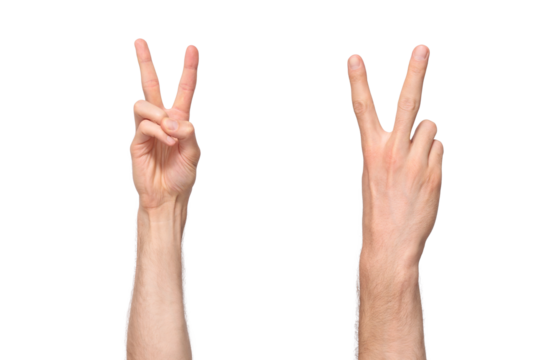 Two sides of male hands showing a V-sign by sticking up first two fingers in a V shape, as a sign of victory, isolated on transparent background, png file