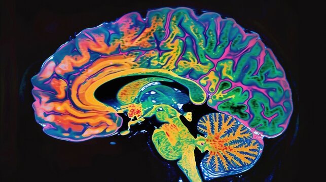 A vibrant MRI brain scan image showing a detailed cross-section with various regions of the brain highlighted in colorful patterns, representing neurological activity