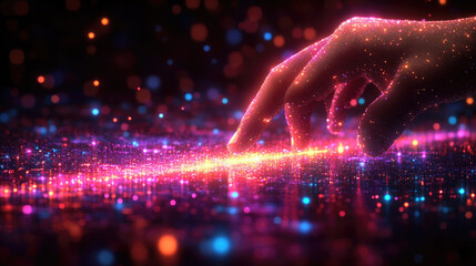 A hand delicately touches a vibrant, glowing line of particles, creating a mesmerizing light display in a digital world