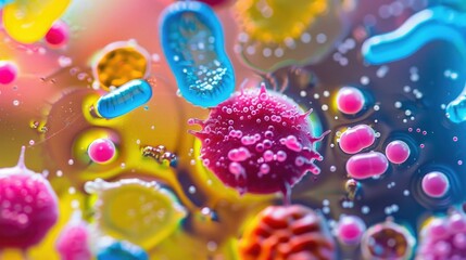 A vibrant and intricate microscopic view of various microorganisms and bacteria, showcasing diverse shapes, textures, and colors in a biological environment