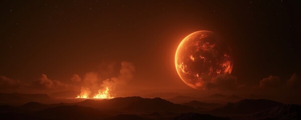Obraz premium A stunning cosmic landscape featuring a fiery planet and an orange-tinted sky, perfect for science fiction, fantasy themes, and space-related projects.
