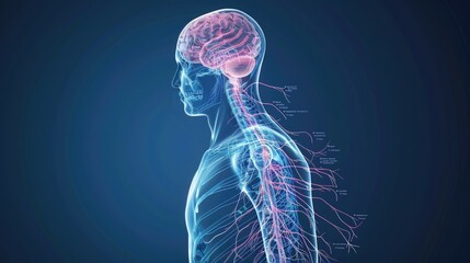A digital rendering of a human brain and spine connected to a futuristic network of data points, symbolizing neuroscience, technology, and artificial intelligence