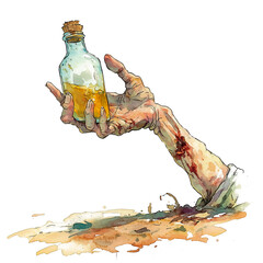 Zombie hand holding a potion bottle on a transparent background. Halloween designs, spooky illustrations, potion decorations, horror graphic elements for eerie projects.