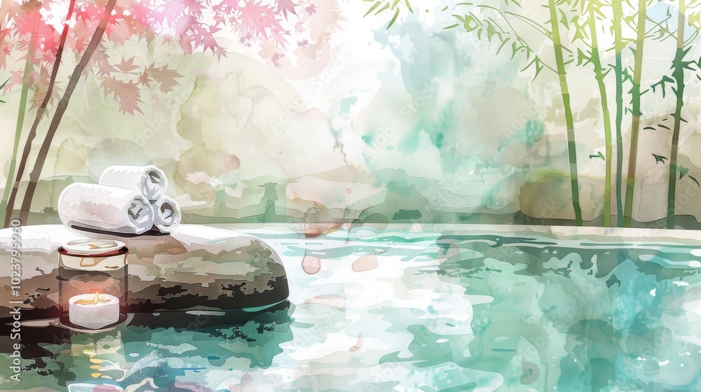 Wall mural Relaxing spa scene rendered in a soft watercolor palette.