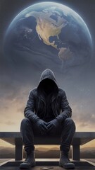Illustration of a mysterious hooded man seated on a bench with a giant earth behind him.