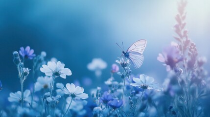 A delicate white butterfly rests on a flower in a field of blooming wildflowers bathed in soft morning light.