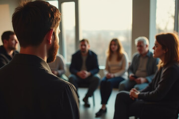 Obraz premium Group of people sitting in a circle, support group or group therapy concept