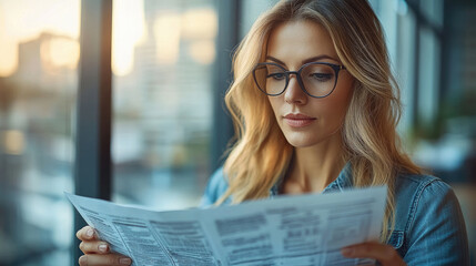 A woman with glasses is focused on reading a newspaper indoors as the sun sets, creating a warm atmosphere in the city