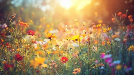 Obraz premium A field of wildflowers in bloom at sunset with the sun shining brightly in the background.