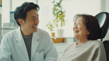 Obraz premium 高齢女性に口腔ケアを指導する日本人歯科医師