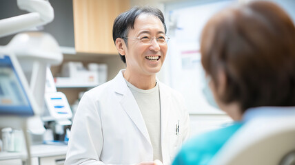 Obraz premium 入れ歯を調整する日本人歯科医師と高齢女性