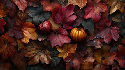 Fototapeta premium A close up of autumn leaves with pumpkins on top. The leaves are of various colors and sizes