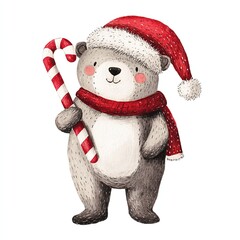 Cute Christmas Bear Holding Candy Cane in Santa Hat and Scarf Illustration