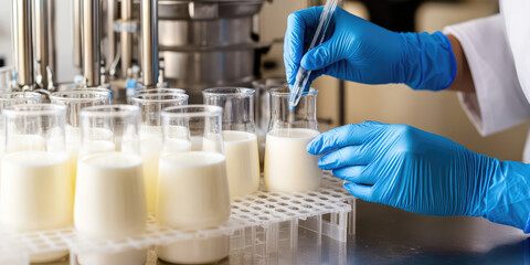Food scientist hands in blue gloves testing milk samples of dairy products in laboratory. Dairy factory or plant, quality control