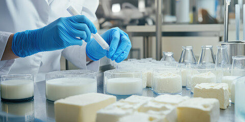 Food scientist hands in blue gloves testing milk samples of dairy products in laboratory. Dairy factory or plant, quality control