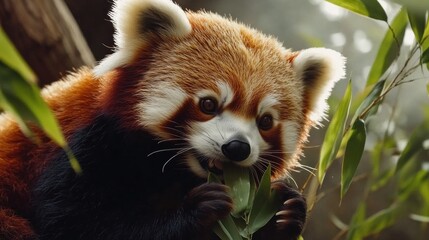 Fototapeta premium A red panda with a black and white face eats green leaves from a bamboo stalk while looking at the camera.