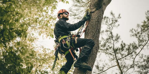 Professional arborist in safety gear climb a tree, preparing to prune it or cut it down.