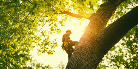 Professional arborist in safety gear climb a tree, preparing to prune it or cut it down.