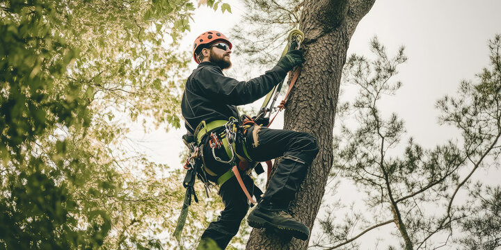 Professional arborist in safety gear climb a tree, preparing to prune it or cut it down.