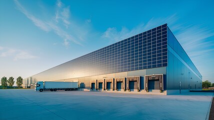 Modern industrial warehouse exterior with large solar panels and blue sky, innovation solar panel renewable energy infrastructure in storage industry building environmentally friendly garage sunlight
