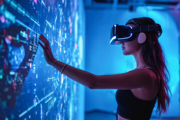A young woman with futuristic LED VR glasses interacts with a glowing virtual interface. Captures the cutting-edge technology of virtual reality and immersive experiences. Generative AI