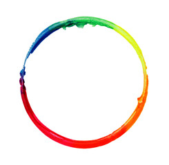 Acrylic, Watercolor Ink brushstroke painting smear circle drop blot frame. Abstract rainbow color stain on white background.