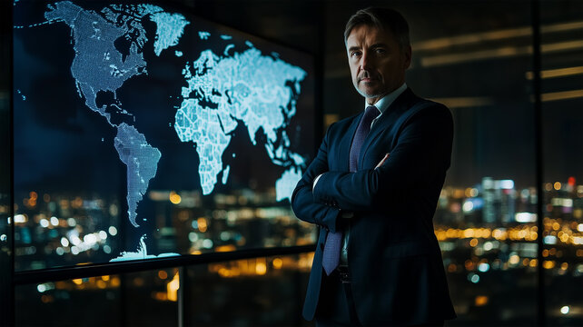 世界データを分析するビジネスマン