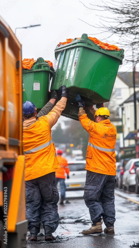 Wall mural two workers lift heavy green waste bins while collecting refuse in a busy urban area