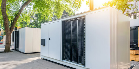 Row of modern battery energy storage units outdoor, renewable energy, clean technology concept